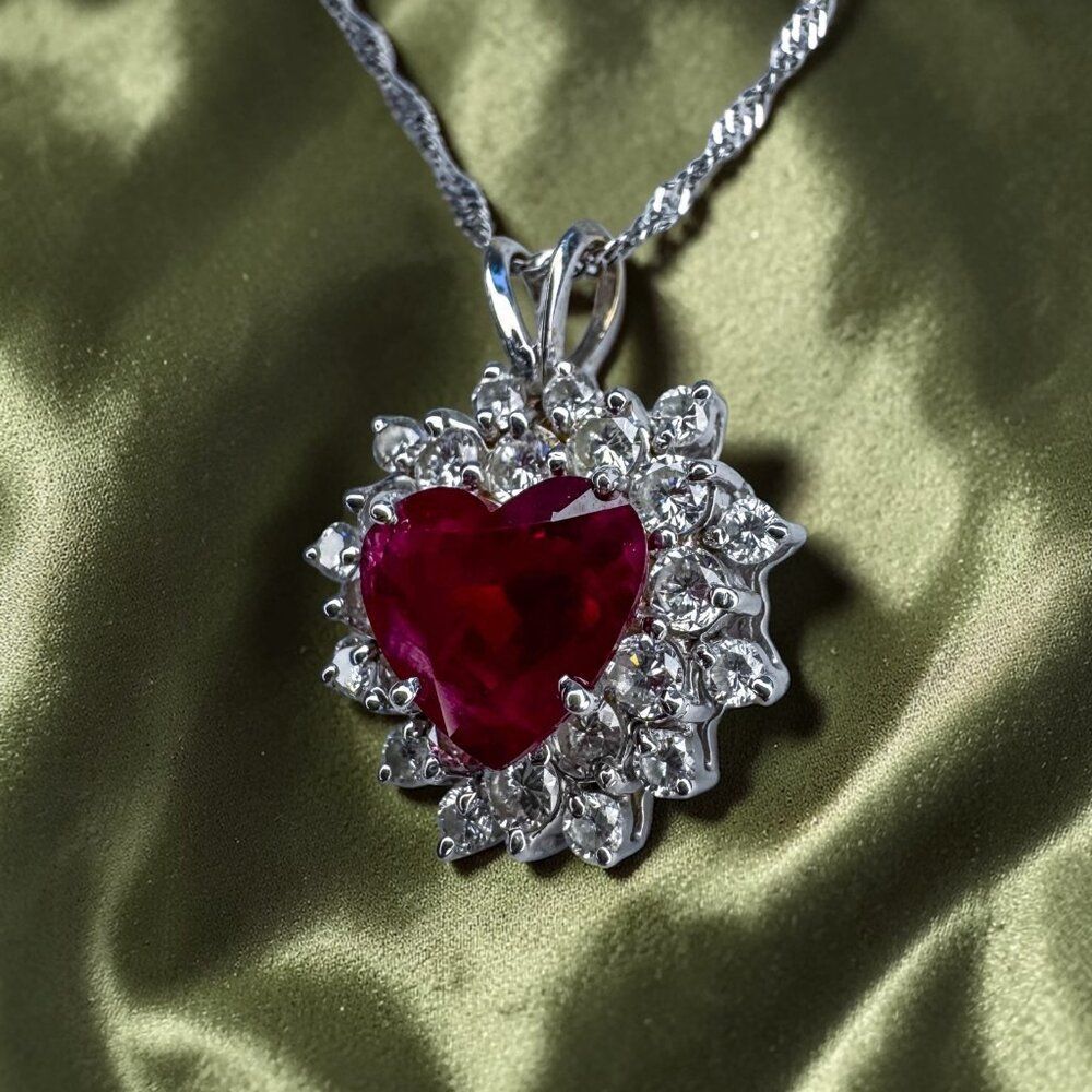 14K White Gold- Natural Ruby & Diamond Necklace -18"- 4.5cttw -Halo Heart -4.9g - Picture 3 of 16
